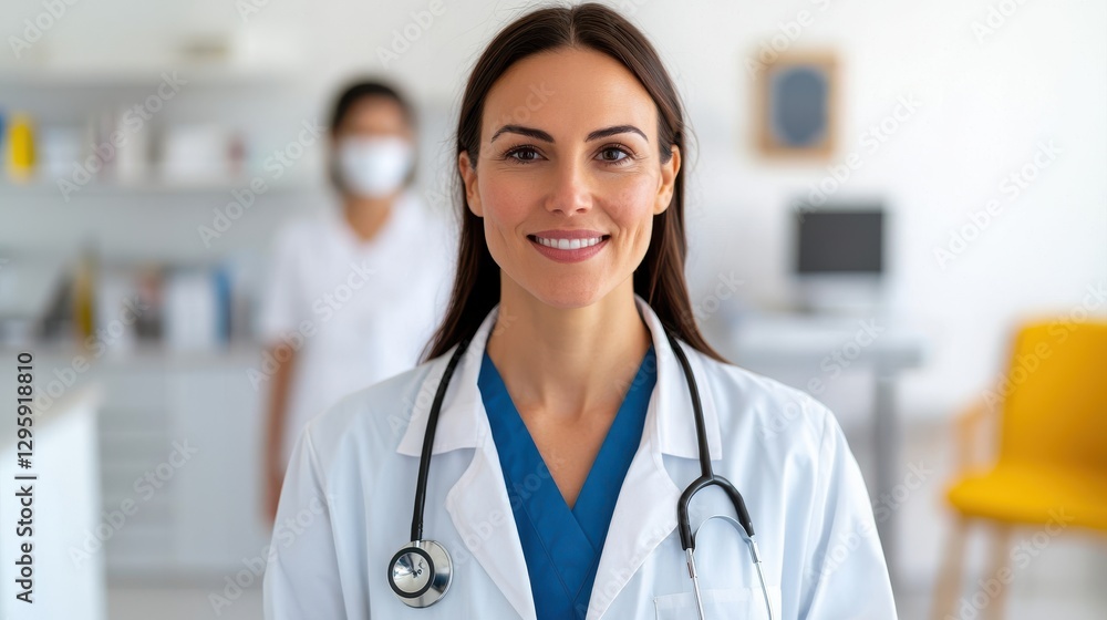 A confident female doctor smiles in a modern clinic, wearing a white coat and stethoscope, embodying professionalism and care. A confident female doctor smiles in a modern clinic, wearing a white coat and stethoscope, embodying professionalism and care.