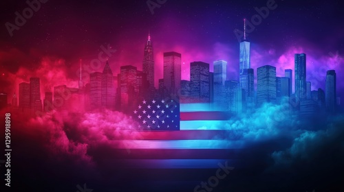 Dynamic Urban Skyline Displaying American Flag New York City Graphic Artwork Vibrant Colors Aerial View Patriotism Concept