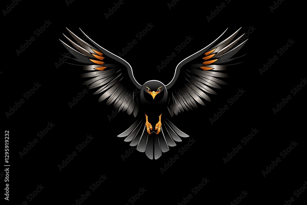 Obraz premium Symmetrical hawk logo with fully spread wings on a black background.