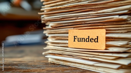 Stack of Papers with Funded Label on Wooden Desk