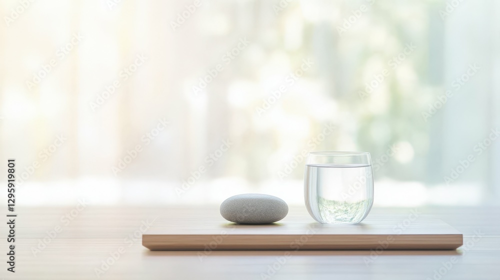 Tranquil still life with glass of water and stone on wooden surface Tranquil still life with glass of water and stone on wooden surface