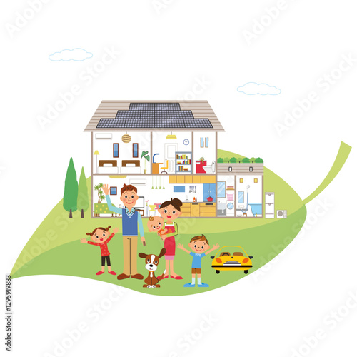 エコを意識して葉っぱの上に太陽光の家と家族が笑顔で手を振っているイラスト