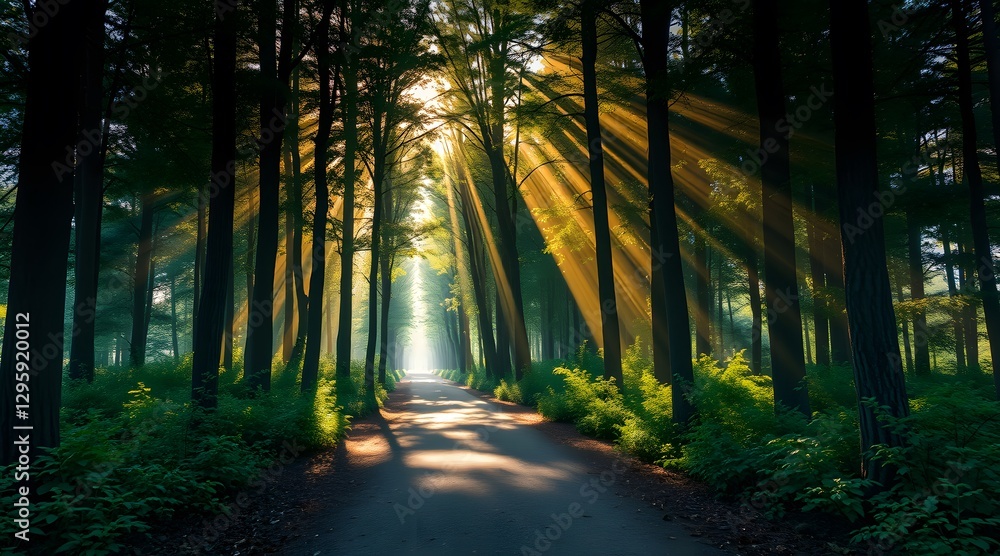 Fototapeta premium Dramatic sunlight rays piercing through a lush forest, illuminating a tranquil path surrounded by vibrant greenery, creating a serene and enchanting atmosphere in nature. 