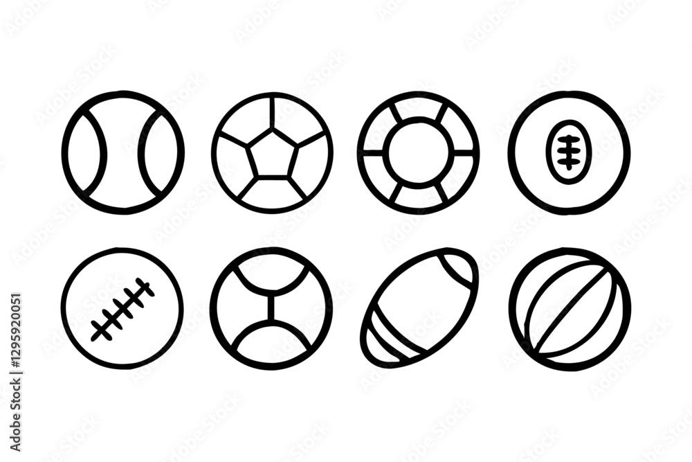 Minimalist Sports Balls Icon Set – Black Outline Vector Illustration Minimalist Sports Balls Icon Set – Black Outline Vector Illustration
