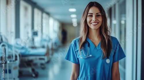 Smiling Female Medical Professional in Scrubs with Stethoscope in Hospital Corridor, Ready to Serve Patients and Make a Difference in Healthcare Environment