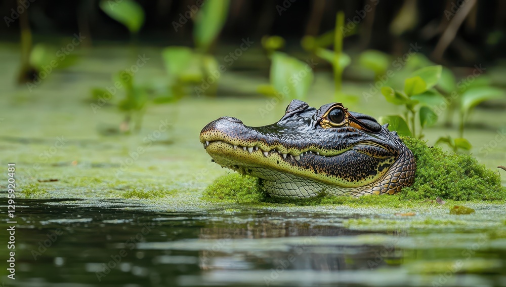 Close-Up of an Alligator Emerging from Marshy Waters Surrounded by Greenery and Moss Reflecting the Beauty of Wetland Ecosystems in Nature Close-Up of an Alligator Emerging from Marshy Waters Surrounded by Greenery and Moss Reflecting the Beauty of Wetland Ecosystems in Nature