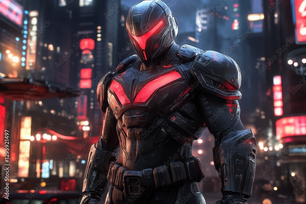 Futuristic warrior in a neon-lit cityscape at night, showcasing impressive armor details and a powerful stance Futuristic warrior in a neon-lit cityscape at night, showcasing impressive armor details and a powerful stance