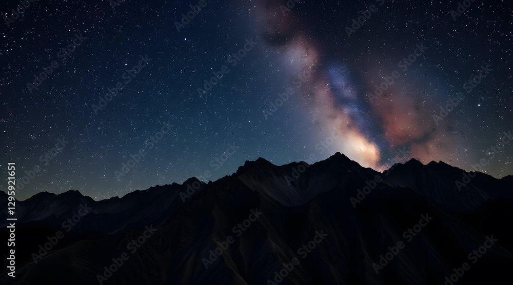 Naklejka premium Stunning night sky showcasing the Milky Way galaxy above majestic mountains, offering a breathtaking view of stars and cosmic beauty in a tranquil wilderness setting. 