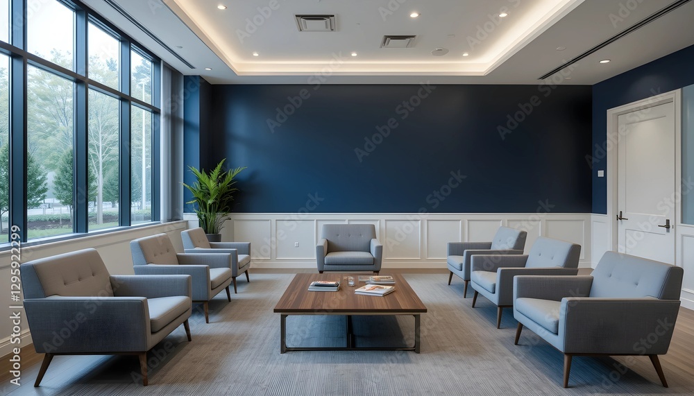 Fototapeta premium Modern Waiting Room with Navy Blue Walls and Minimalist Design