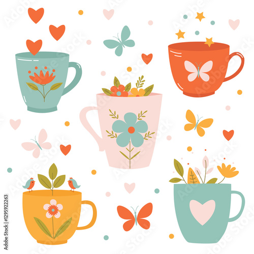 Set with bright cups with flowers, butterflies and hearts for spring