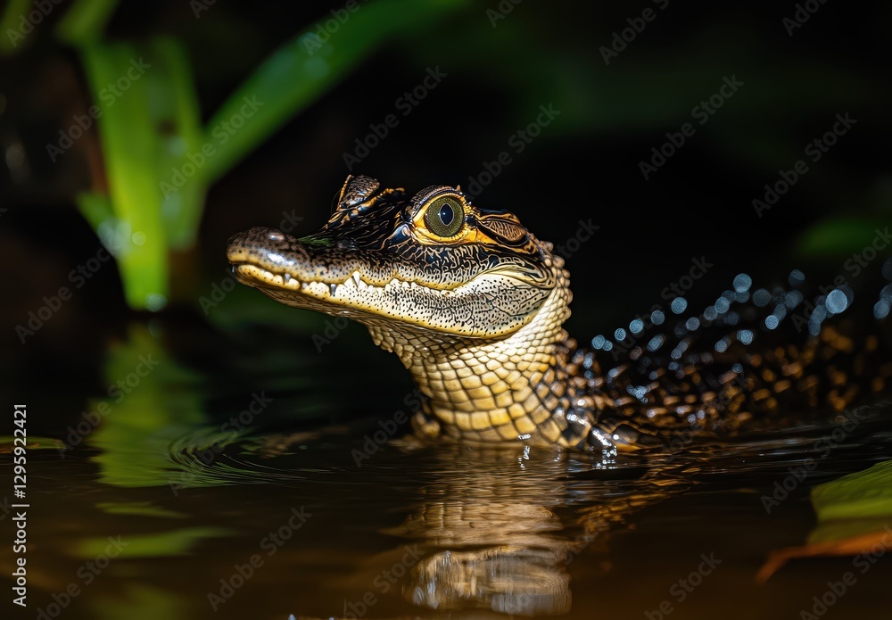 Fototapeta premium Close-Up of an Alligator Hatchling Emerging from the Water Among Green Foliage in a Tropical Environment