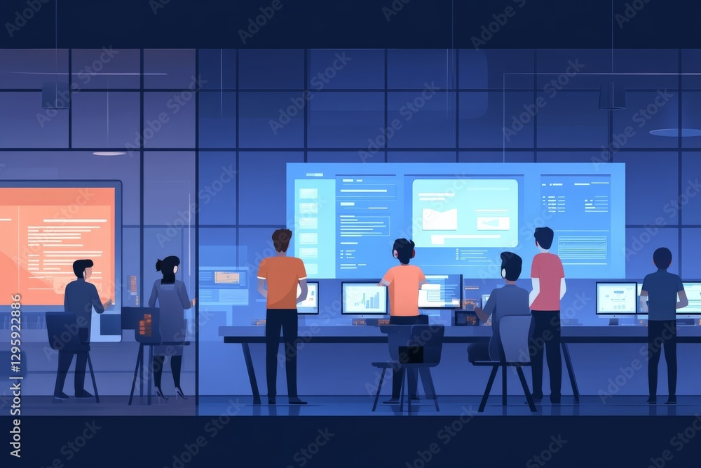 Team of analysts collaborating in a modern workspace with multiple screens and data displays during evening hours Team of analysts collaborating in a modern workspace with multiple screens and data displays during evening hours