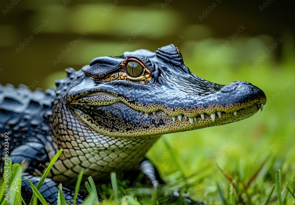 Fototapeta premium Close-Up of an Alligator Illuminated by Natural Light with Detailed Texture and Sharp Features Surrounded by Lush Green Grass Near Water Source