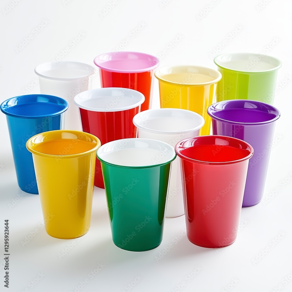 Set of colorful plastic cups with vibrant straws Set of colorful plastic cups with vibrant straws