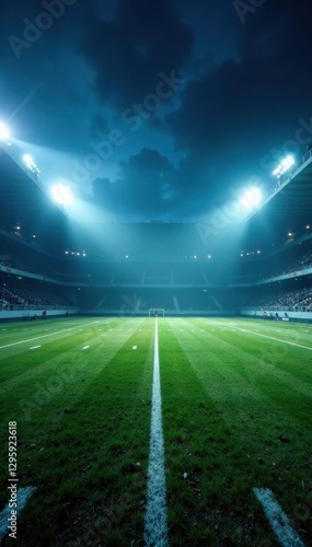 American football field with bright stadium lights at night, illuminated field, outdoor sports, stadium atmosphere