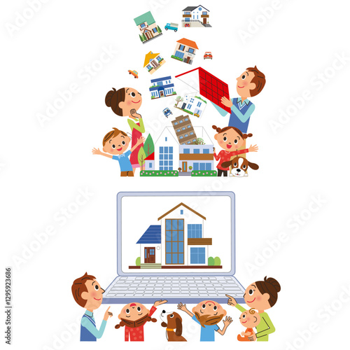 インターネットで沢山の家を検索している家族