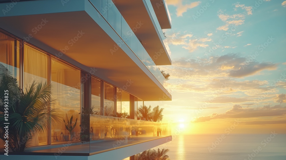 Obraz premium Modern Balcony with Sunset Over Ocean View
