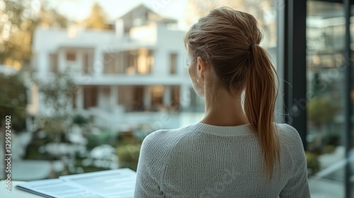 Woman in Sweater Gazes at Modern Architectural Home