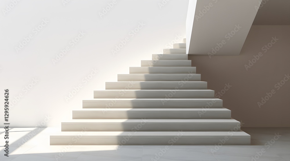 Fototapeta premium Minimalist staircase design showcasing modern architecture with clean lines and elegant shadows, creating a serene and inviting atmosphere in a bright interior space. 