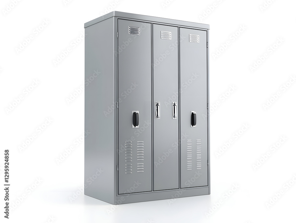 Minimalist Gray Metallic Gym Locker with Closed Doors on White Background Minimalist Gray Metallic Gym Locker with Closed Doors on White Background