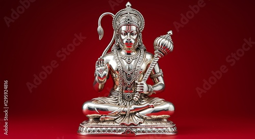  Hanuman,  Silver statue, Hindu god deitydevotional sculpture, ornate details, multiple arms, traditional attire, religious iconography, standing pose, red background, metallic sheen, cultural artwork