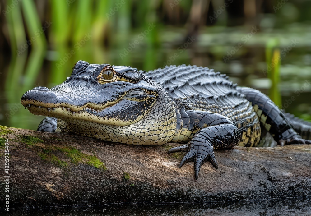 Fototapeta premium Close-up of an Alligator Resting on a Log in a Lush Wetland Environment with Water and Greenery Surrounding the Majestic Creature