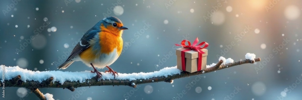 Bird perched on a snowy branch holding a small gift box, snowy tree branch bird gift box, snow, winter bird Bird perched on a snowy branch holding a small gift box, snowy tree branch bird gift box, snow, winter bird