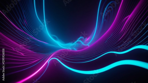 Wallpaper Mural Neon light waves in abstract design. Vibrant blue and purple lines create a fluid, 3D effect with smooth curves, adding depth and motion to the composition. Torontodigital.ca