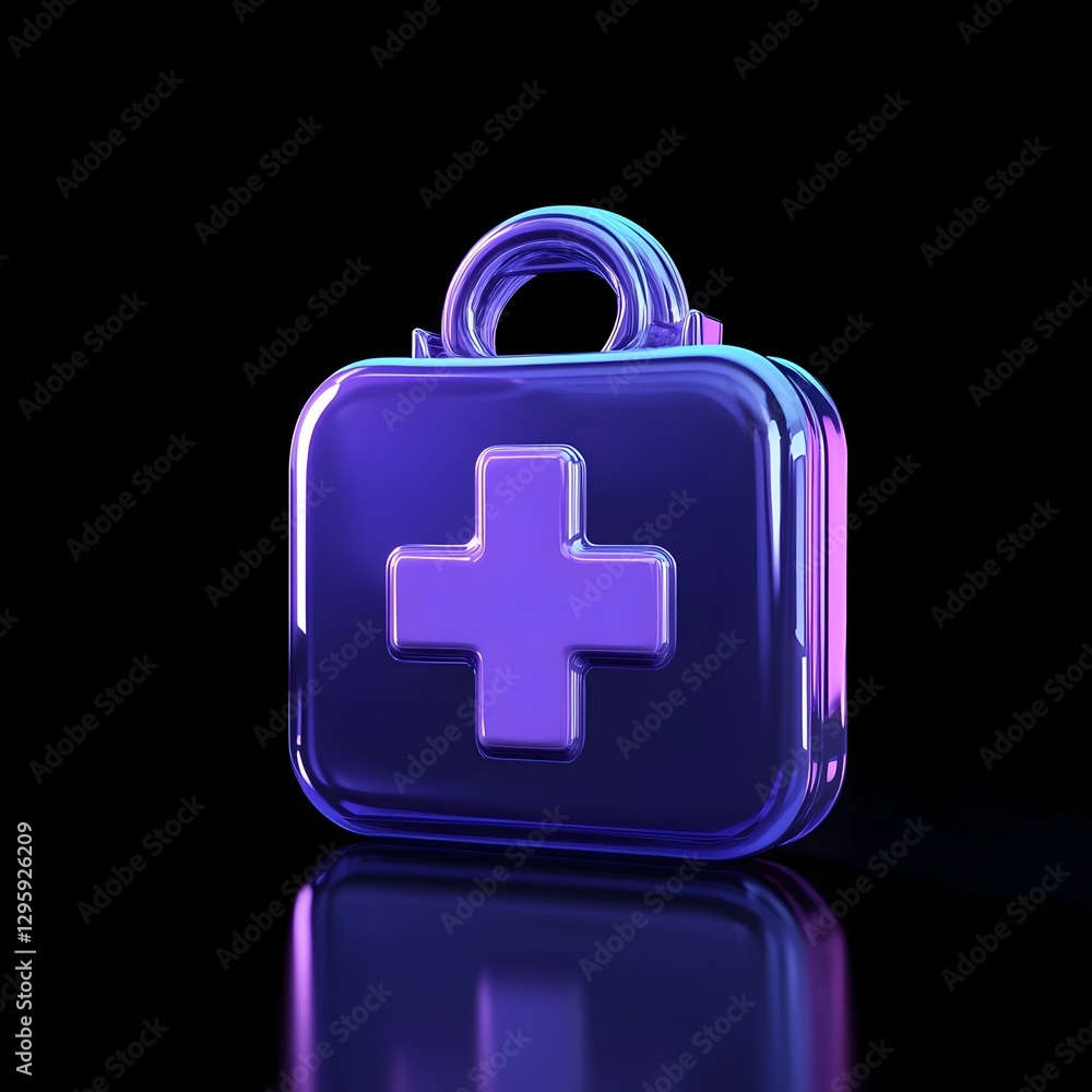 Glossy Blue and Purple 3D Rendering of a First Aid Kit Icon Floating in the Air Against a Black Background Glossy Blue and Purple 3D Rendering of a First Aid Kit Icon Floating in the Air Against a Black Background