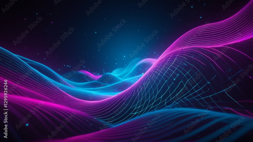 Neon light abstract pattern with smooth, fluid lines in blue and purple. The 3D texture and vibrant waves create a modern, futuristic design full of motion. Neon light abstract pattern with smooth, fluid lines in blue and purple. The 3D texture and vibrant waves create a modern, futuristic design full of motion.