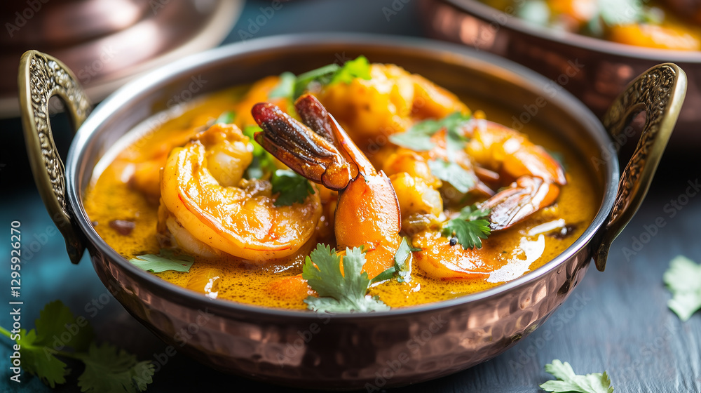 Close-up of Goan Prawn Curry in a Traditional Copper Serving Bowl Close-up of Goan Prawn Curry in a Traditional Copper Serving Bowl