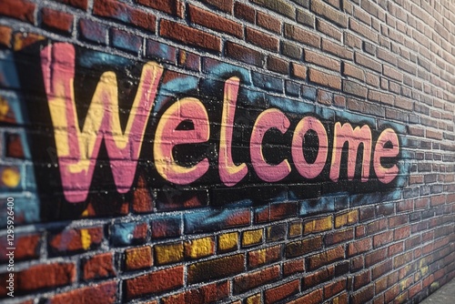 Bright Graffiti Welcomes All With Colorful Joy on a Textured Brick Wall. Generative AI