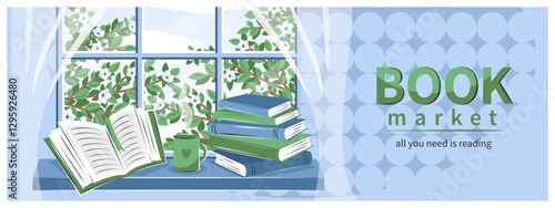 Book market. Spring window with landscape and books on the sill. Cozy vector illustration  for bookstore, library, sale in bookshop.