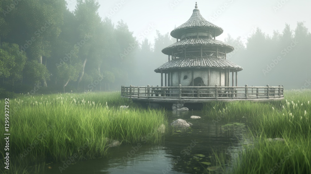 Obraz premium Misty Pagoda by the Lake
