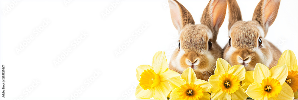Fototapeta premium Adorable Easter Bunnies Nestled Amongst Daffodils, Springtime Delight