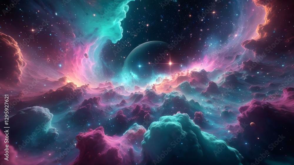 Obraz premium A stunning space scene filled with vibrant nebula clouds and twinkling stars. The cosmos glows with celestial colors as a distant planet and galaxies shine against the backdrop of space.