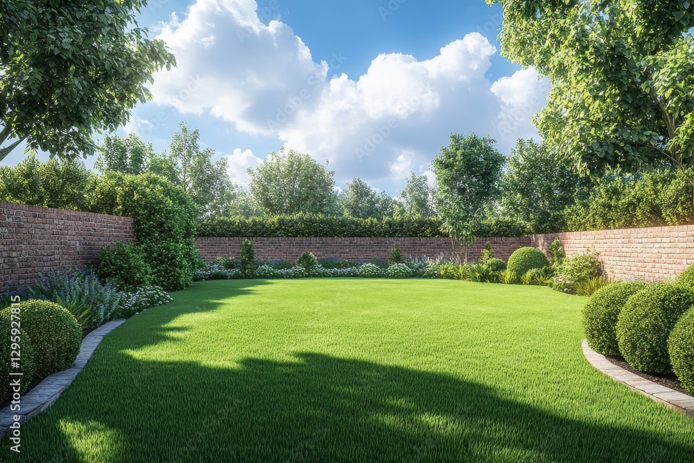 Fototapeta premium Lush green lawn, manicured garden, brick wall, evergreen trees, blue sky with fluffy clouds, vibrant landscape, suburban backyard
