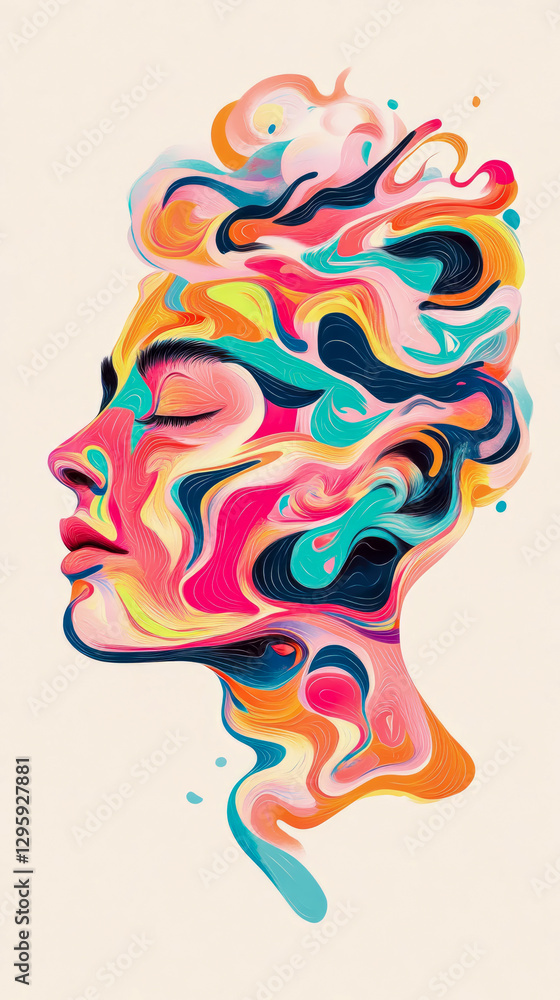Obraz premium Inner Flow: A conceptual portrait illustration of a woman in profile with vibrant, swirling colorful patterns, symbolizing the fluidity of thought and emotion