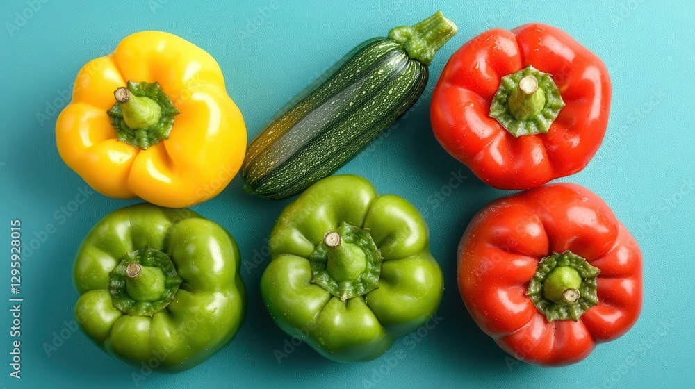 Vibrant Vegetables Colorful Peppers and Zucchini Arranged on Teal Background Vibrant Vegetables Colorful Peppers and Zucchini Arranged on Teal Background