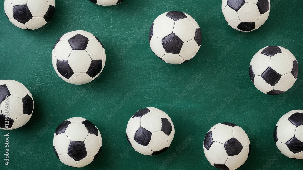 Arrangement of Soccer Balls on Green Background for Sports Theme Arrangement of Soccer Balls on Green Background for Sports Theme