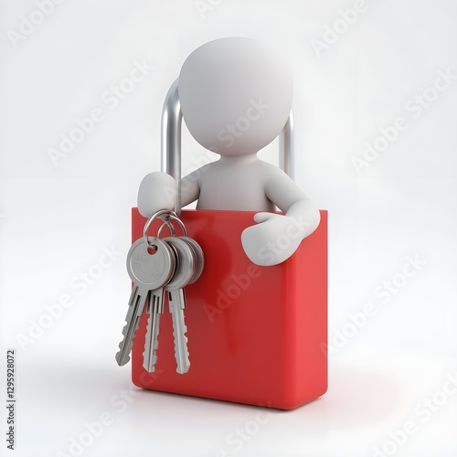 3d small people lock and key, 3D render of a simple, stylized, white figure holding a set of keys, positioned in front of a red padlock.  Figure is anatomically correct, with neutral expression 