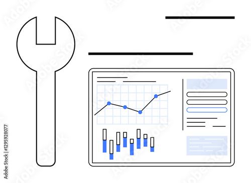 Wrench beside digital interface displaying graphs and data charts, symbolizing the integration of technical tools and data analysis. Ideal for technology, engineering, data science, analytics