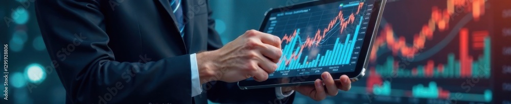 Businessman holding stock market charts and graphs, financial data, charting tools, financial planning Businessman holding stock market charts and graphs, financial data, charting tools, financial planning