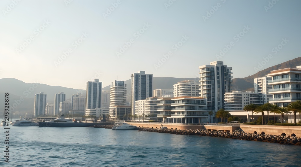Fototapeta premium Modern coastal city skyline featuring luxurious waterfront buildings, serene ocean views, and tropical mountains, perfect for leisure and tourism.