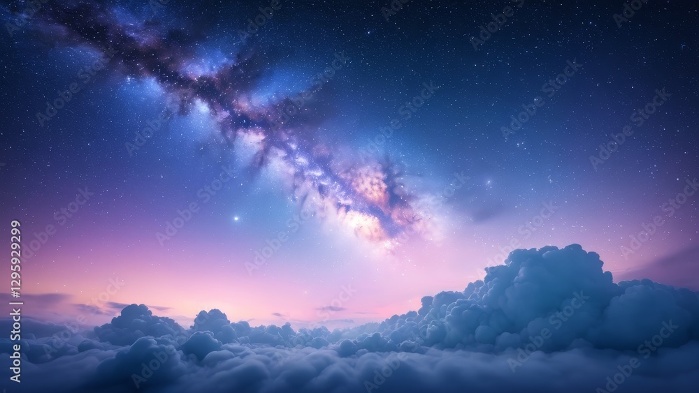 Obraz premium The Milky Way stretches across the starry sky above a cloud-filled landscape. The nebula clouds and stars shine brightly, creating a magical and serene view of the cosmic universe.