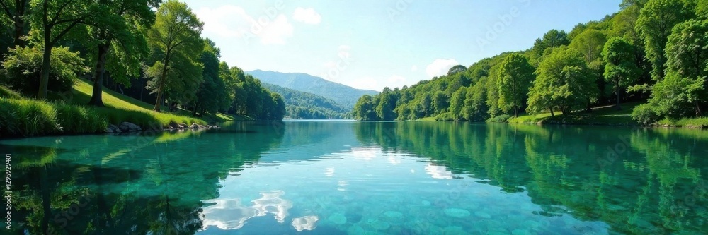 Calm lake with crystal clear water ripples, surrounded by tall trees and lush greenery , clarity, water, forest