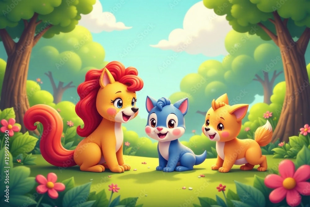 Obraz premium Cartoon animal friends playing together in a colorful garden, illustration, outdoor, fun