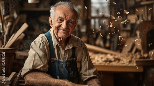 Wallpaper Mural Elderly carpenter in workshop with wood shavings, smiling and showcasing craftsmanship, surrounded by tools and wood material, warm and inviting atmosphere Torontodigital.ca