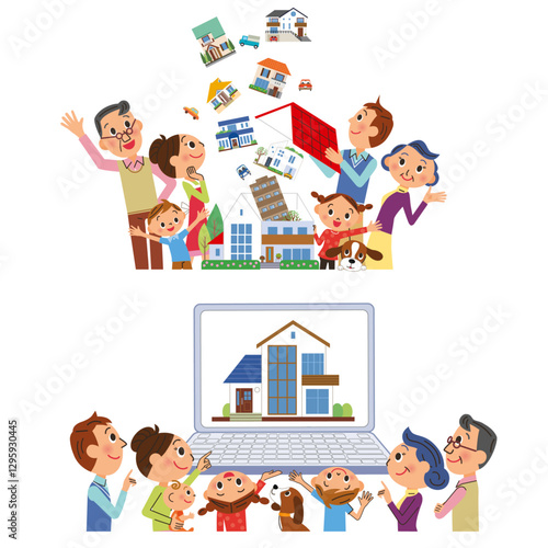インターネットで沢山の家を検索している三世代家族