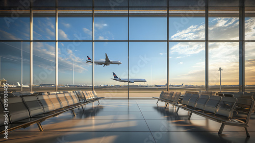 A panoramic view of an airport terminal, with large windows overlooking the runway and airplanes visible outside
